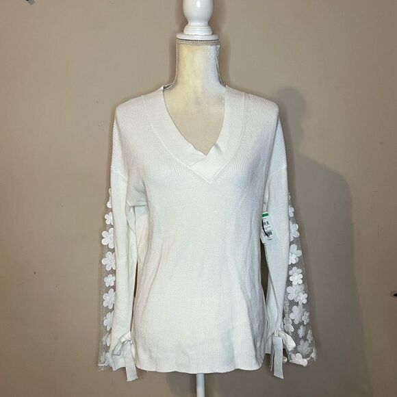 NWOT French Connection Caballo Floral-Lace Sleeve Sweater - Picture 3 of 9